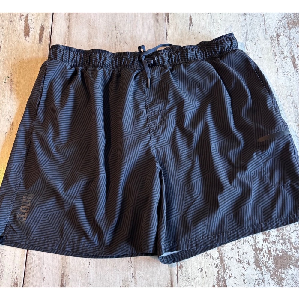 ROOTS swim trunks men XXL black geometric chevron stripe mesh liner beach travel